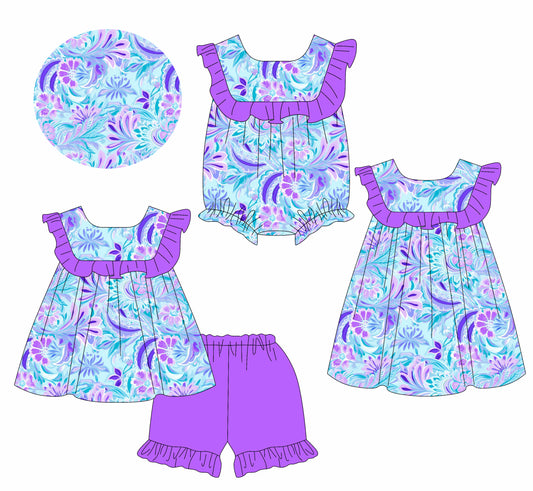 1.13 custom each style moq 5eta 4-6week Sibling Sisters baby girl short sleeve shorts sets and dress and rompers match family design