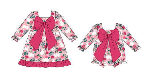 25.9.3 custom each style moq 5eta 4-6week Sibling Sisters rabbit floral baby girl long sleeve dress and rompers match family design