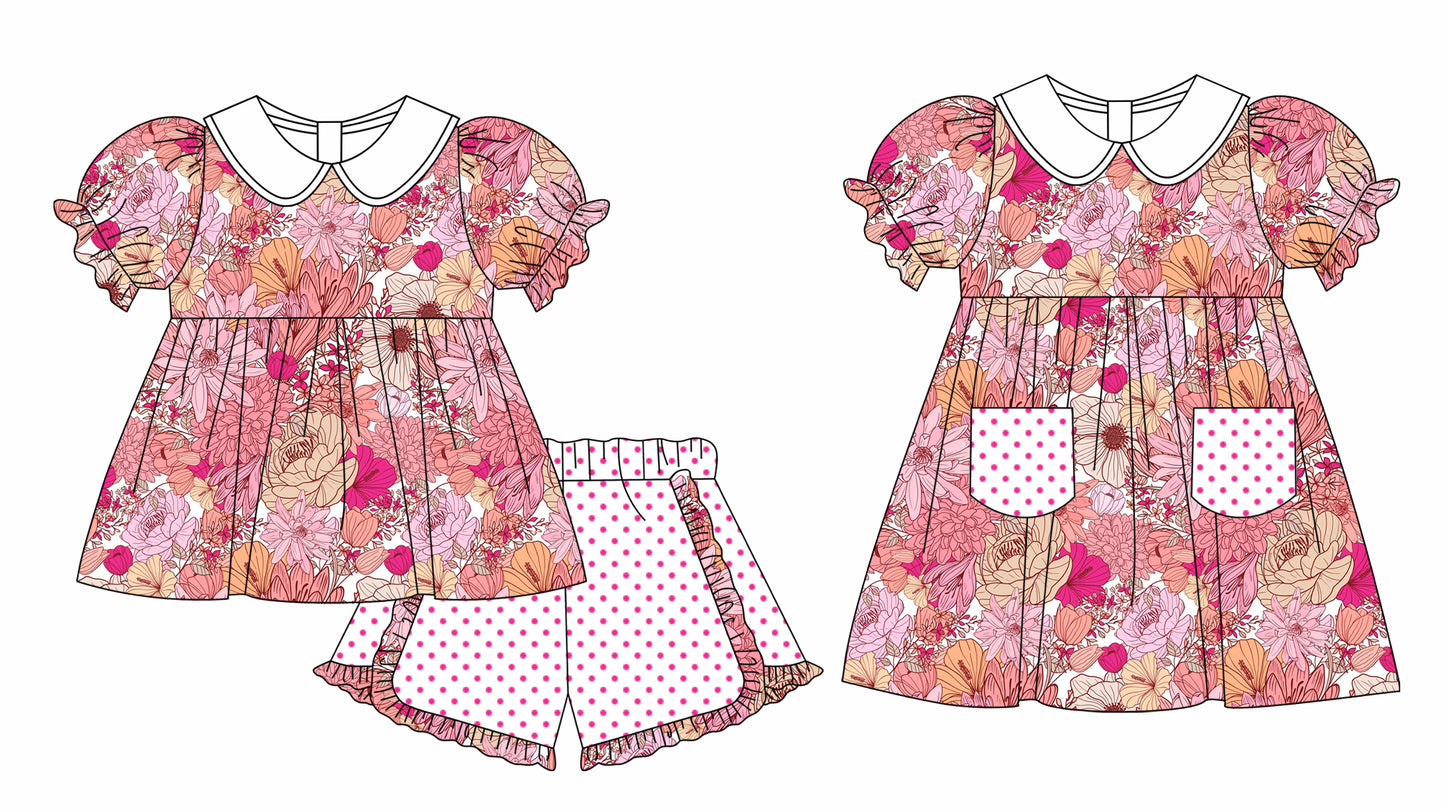 11.3 custom each style moq 5eta 4-6week Sibling Sister floral baby girl short sleeve shorts sets and briefs sets and dresses match design