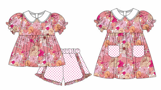 11.3 custom each style moq 5eta 4-6week Sibling Sister floral baby girl short sleeve shorts sets and briefs sets and dresses match design