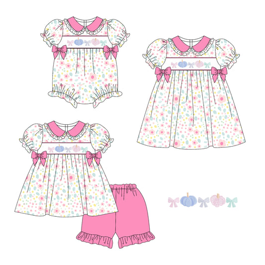 25.5.25 custom each style moq 5eta 4-6week Sibling Sisters pumpkin bow pink baby girl short sleeve shorts sets and dress and rompers match family design