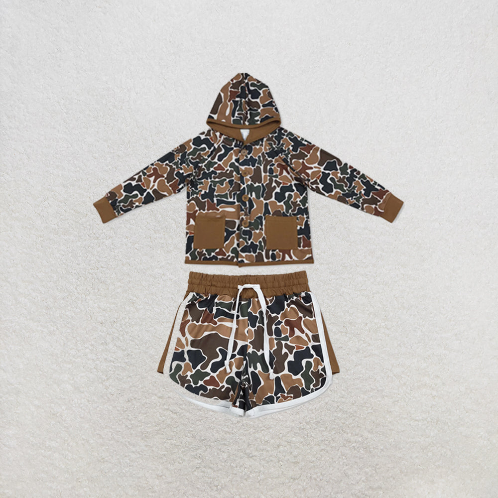 RTS NO MOQ Sibling milk silk Baby Boys Brown Camo Printed Hoodie Top Pocket Short Clothes Set Daily Outfit