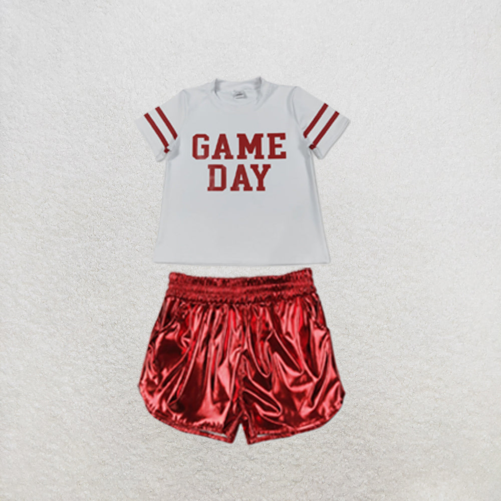 RTS NO MOQ Sibling yoga fabric Baby Girls Vinyl Red Game Day Print Top Matching Shorts Two Piece Team Active Clothes Set