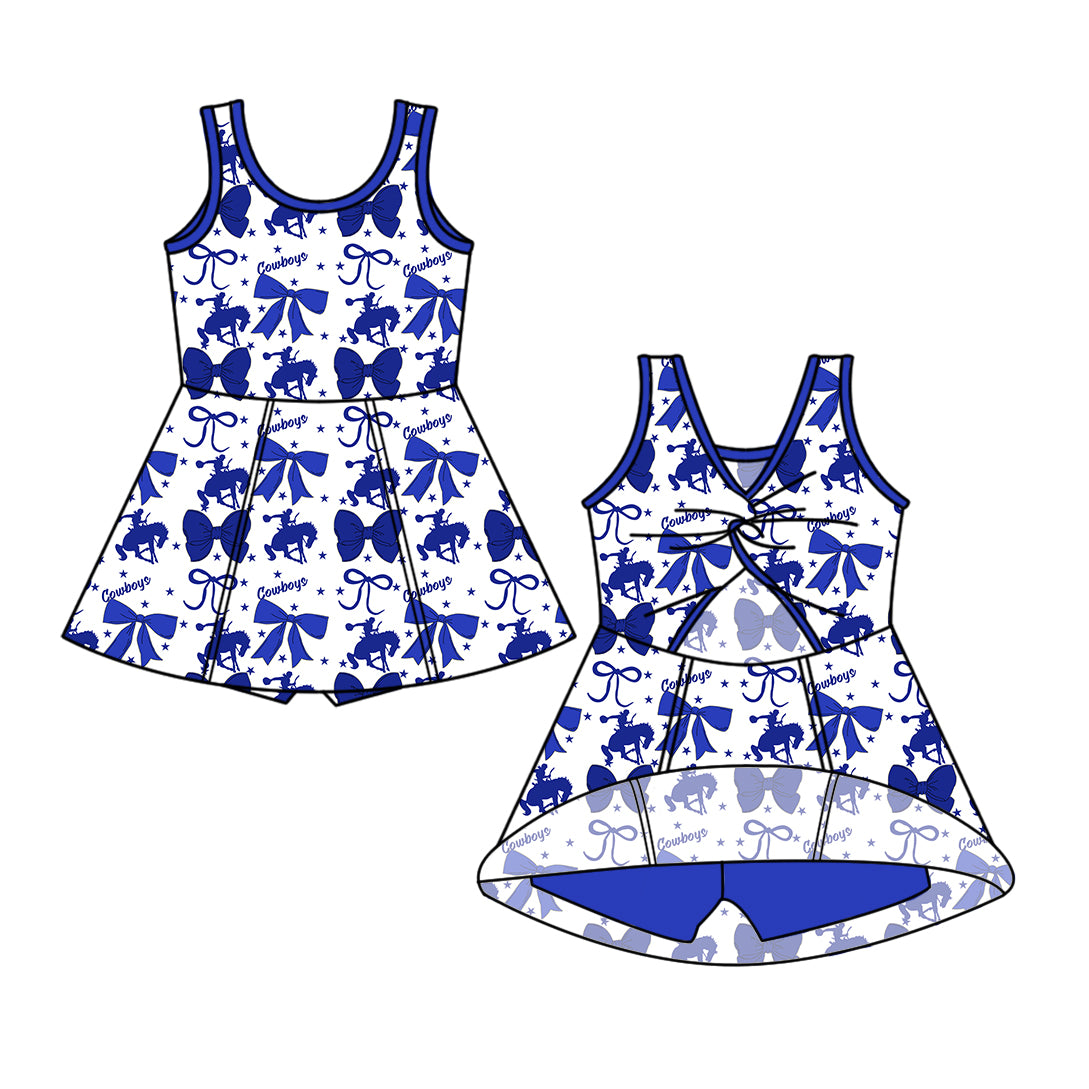Custom moq 5 mix size milk silk baby girls clothes team bow blue sleeveless skirts sets 1 and set 2 and dress-25.7.18