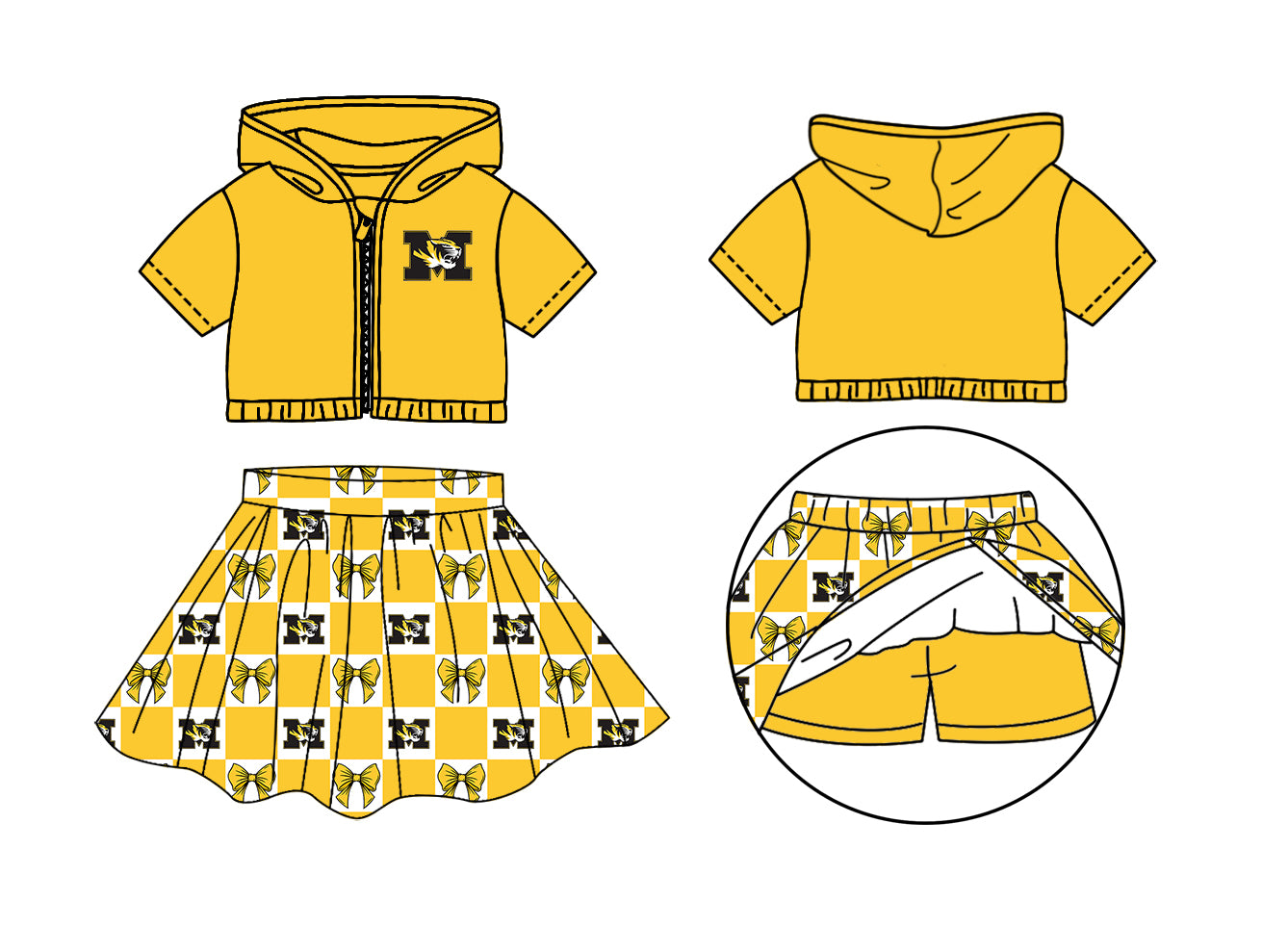 Custom moq 3 or 5 mix size milk silk summer teams baby girl clothes bow yellow zipper hooded short sleeve shorts skirts sets-26.1.19