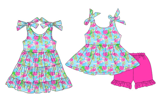 4.15 custom each style moq 5eta 4-6week Sibling Sister baby girl short sleeve shorts sets and dresses match design