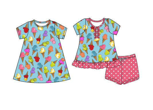 4.8 custom each style moq 5eta 4-6week Sibling Sister ice cream baby girl short sleeve shorts sets and dresses match design