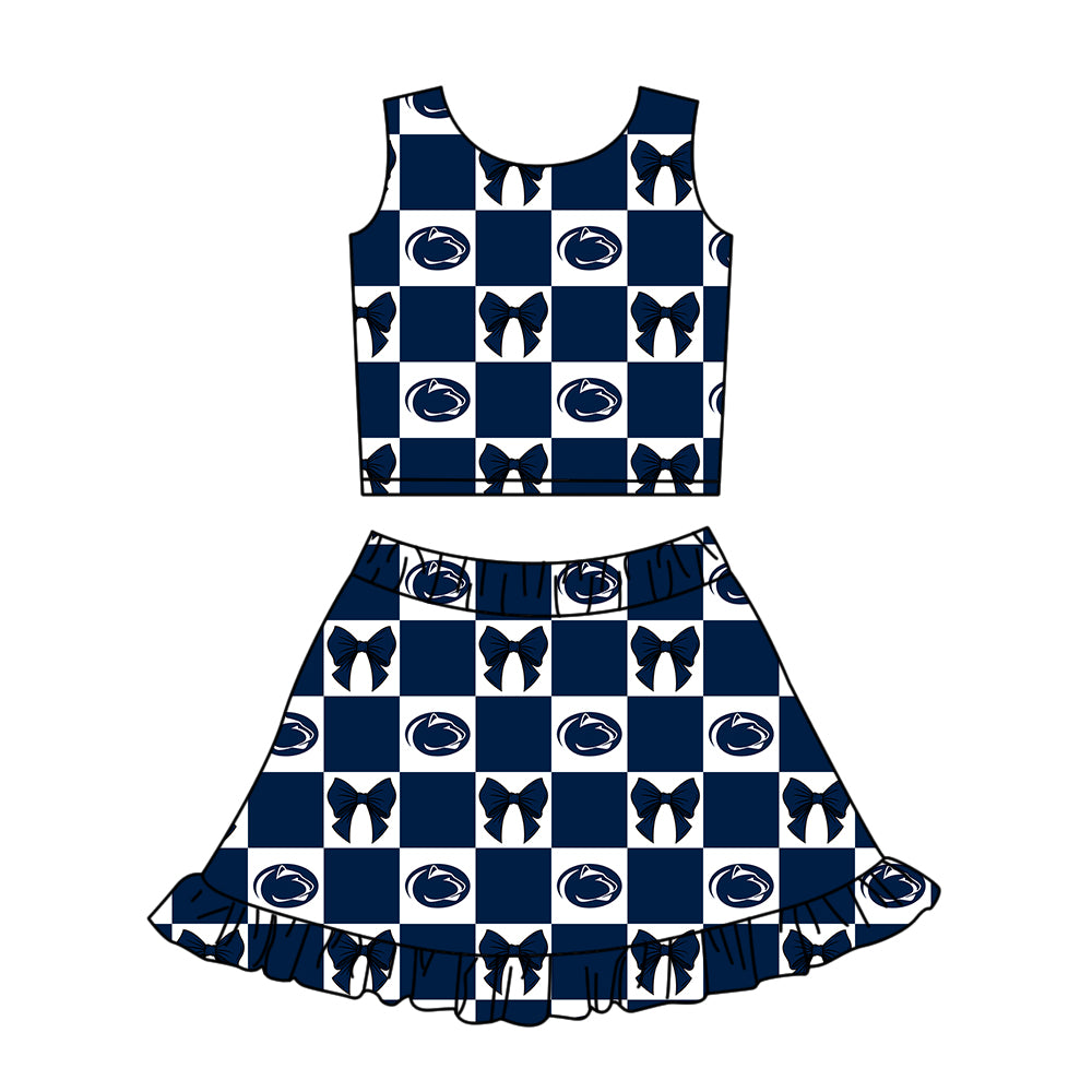 Custom moq 3 or 5 mix size milk silk summer teams baby girl clothes bow dark blue sleeveless skirts sets 3 and dresss and shorts-26.1.23