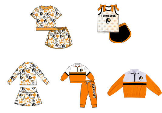 Custom moq 5 mix size summer teams Girls Polka Dot Top Shorts Set Orange Bows Top Skirt Short Set Zipper Pullover Pants Set