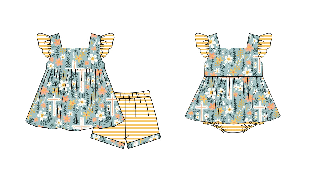 11.1 custom each style moq 5eta 4-6week Sibling Sister floral baby girl short sleeve shorts sets and rompers match design