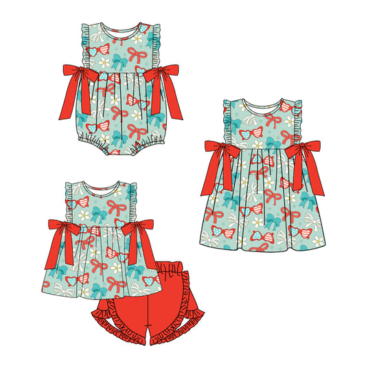 Custom moq 5 mix size Red Bow-Print Top And Shorts Set Romper Dress for Baby Girls 4th of July Clothing Outfit Infant Girl's Fashion Set