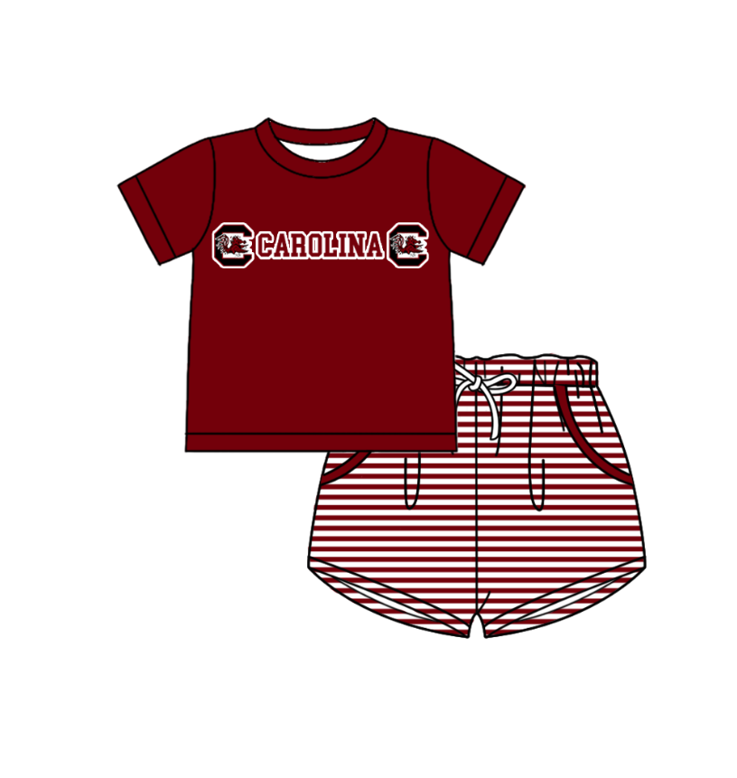 Custom moq 5 mix size milk silk summer teams Boys Short Sleeve Dark Red Top Striped Shorts Set With Matching Romper Girls Flutter Sleeve Polka Dot Dress Romper