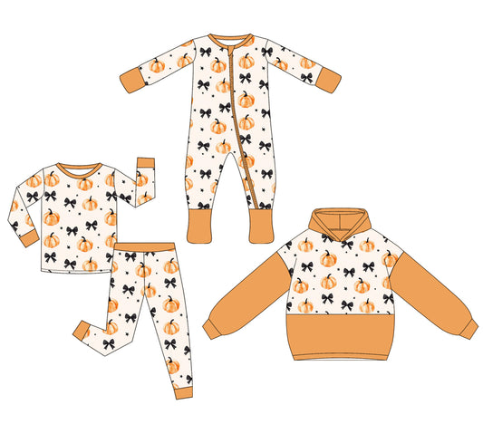 25.5.10 custom each style moq 5eta 4-6week Sibling Sisters pumpkin bow baby boy long sleeve pants sets and rompers and tops match family design