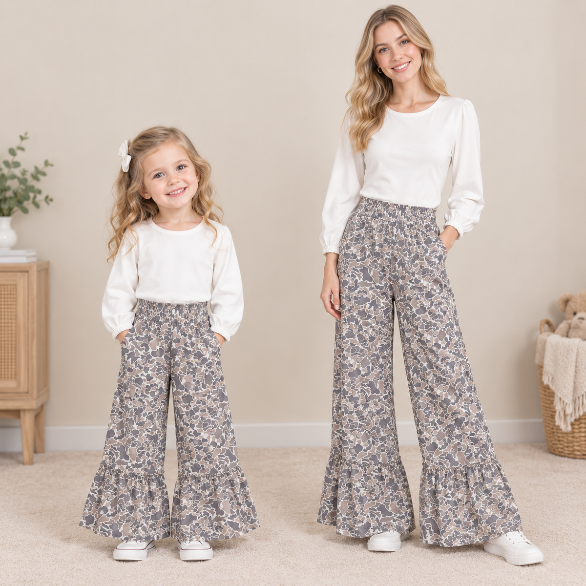 RTS NO MOQ Sibling yoga fabric Adult To Match Kids Camo Print Ruffle Yoga Flare Bell Bottom Pants