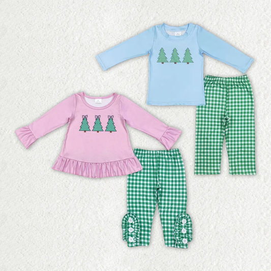 RTS NO MOQ Sibling Baby Girls boys Christmas trees Long Sleeve Pants Sets