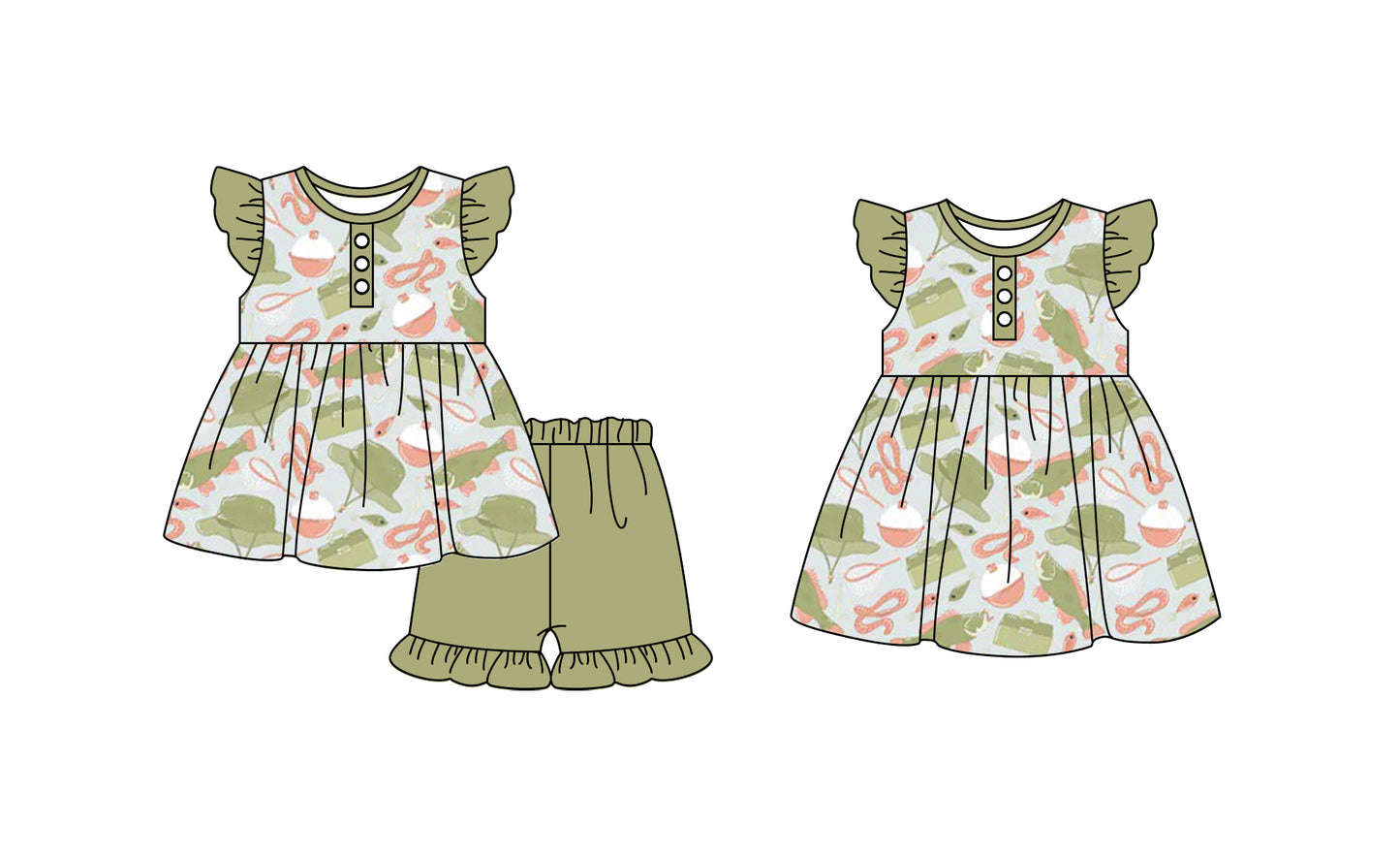 11.23 custom each style moq 5eta 4-6week Sibling Sister fish baby girl short sleeve shorts sets and dresses match design