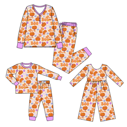 25.6.30 custom each style moq 5eta 4-6week Sibling Sister BOO pumpkin long sleeve pants sets and adult sets and jumpsuit match design