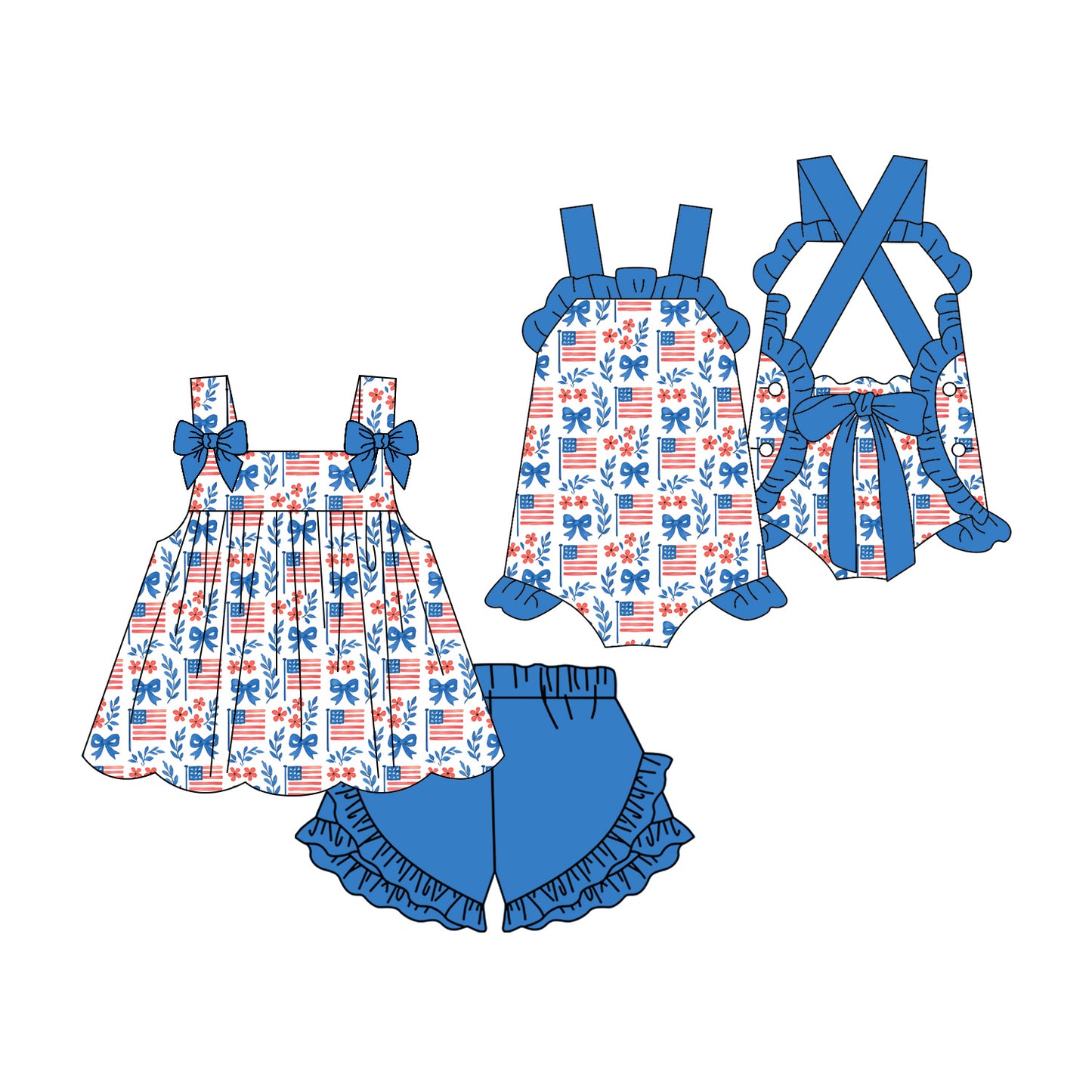 3.3 Custom moq 5 mix size Sibling Baby Girl's Blue 4th of July  Sleeveless Top And Shorts Set Cute Romper for Summer