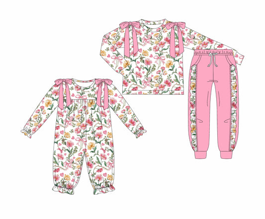 25.7.1 custom each style moq 5eta 4-6week Sibling Sisters floral bow pink baby girl long sleeve pants sets and rompers match family design