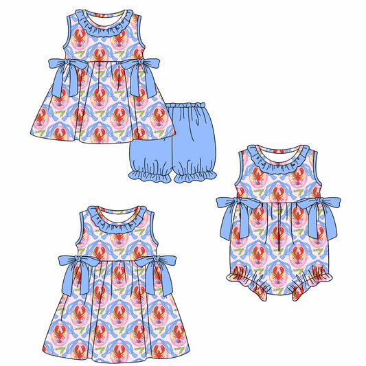 26.1.14 custom each style moq 5 eta 6-8week Sibling Sister lobster bow baby short sleeve shorts sets and romper and dress match design