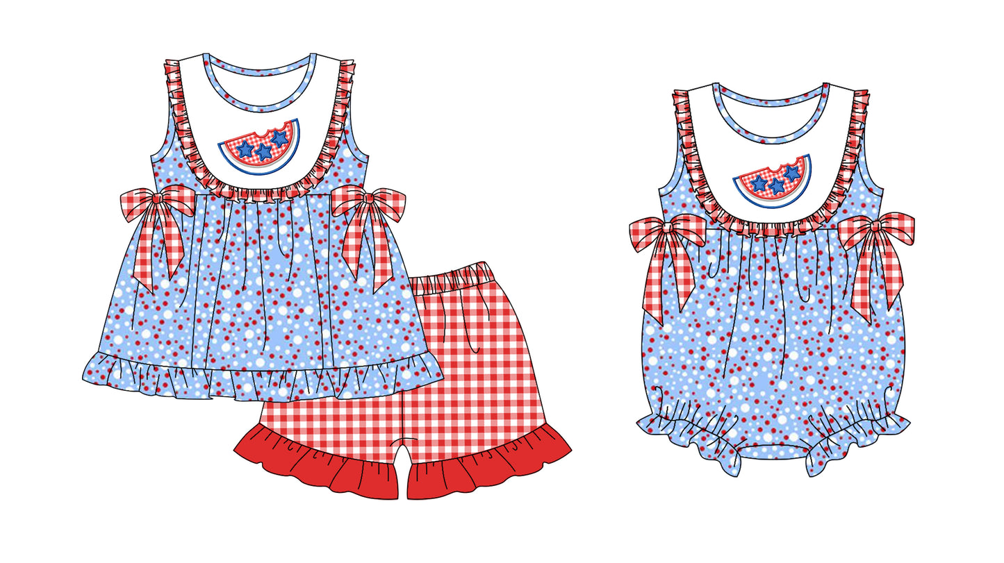 11.25 custom each style moq 5eta 4-6week Sibling Sister watermelon baby boy short sleeve shorts sets and rompers match design