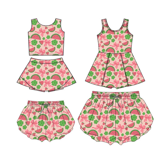Custom moq 5 mix size Sibling Baby Girl's  Watermelon Print Sleeveless Top And Skirt Yoga Set Yoga Dress with Shorts Mom And Me yoga shorts
