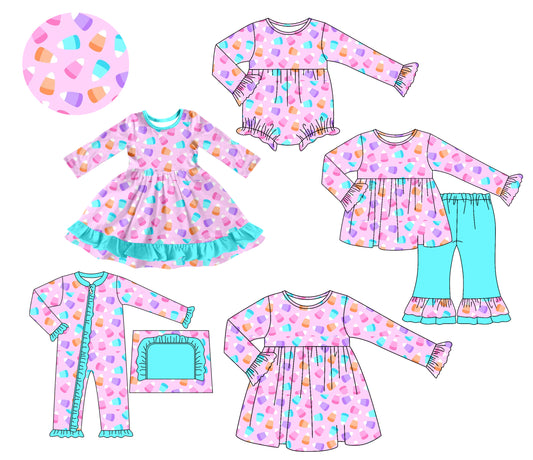 25.7.15 custom each style moq 5 eta 4-6week Sibling Sisters halloween baby girl long sleeve pants sets and romper 1 and romper 2 and dress 1 and dress 2 match family design