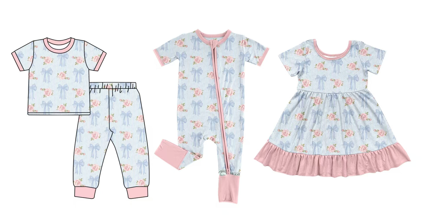 12.5 custom each style moq 5eta 4-6week Sibling Sister bow floral pink baby girl sets and dress and rompers match family design