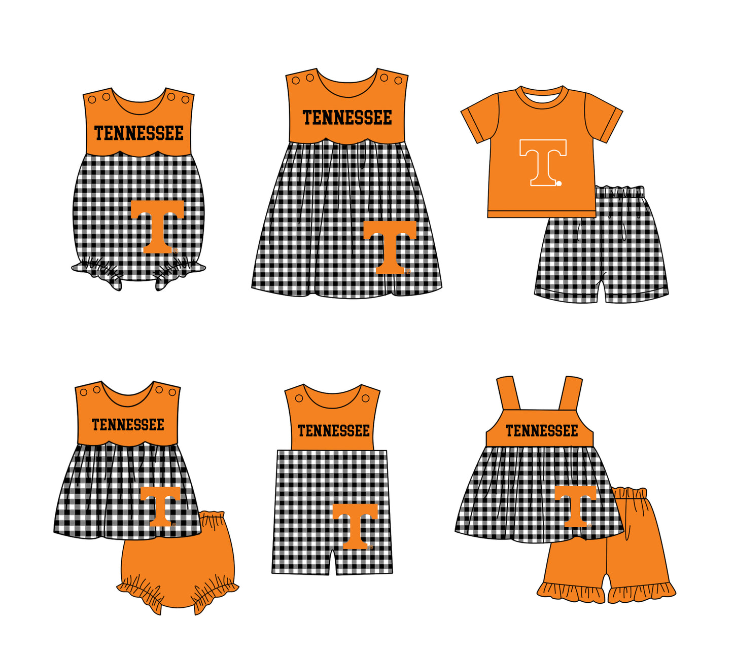 Custom moq 5 mix size milk silk summer teams baby girl boys clothes Orange Black and white checkered short sleeve shorts sets 3 and dress and rompers 2 series