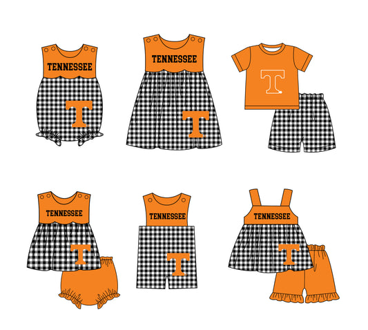 Custom moq 5 mix size milk silk summer teams baby girl boys clothes Orange Black and white checkered short sleeve shorts sets 3 and dress and rompers 2 series