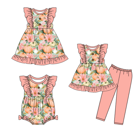 4.30 custom each style moq 5eta 4-6week Sibling Sisters pumpkin floral baby girl short sleeve pants sets and dress and rompers match family design