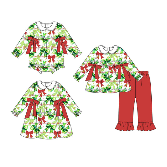25.6.26 custom each style moq 5eta 4-6week Sibling Sisters Christmas bow baby girl long sleeve pants sets and dress and rompers match family design