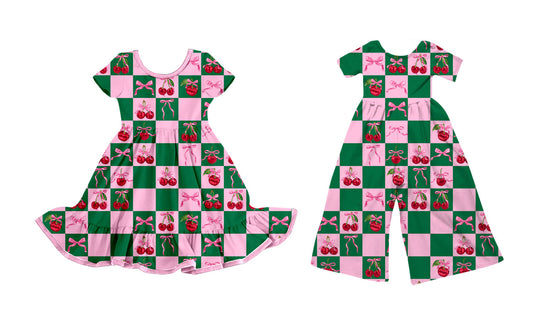 25.10.1 custom each style moq 8 eta 6-8week Sibling Sisters cherry bow baby girl long sleeve dress and jumpsuit match family design