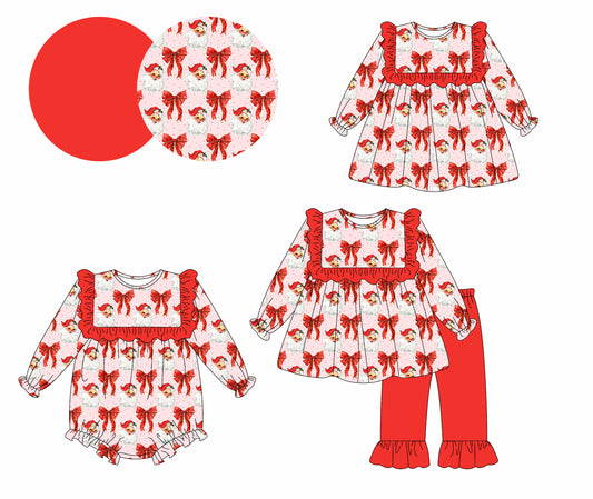 25.5.13 custom each style moq 5eta 4-6week Sibling Sisters Christmas bow red baby girl long sleeve pants sets and dress and rompers match family design