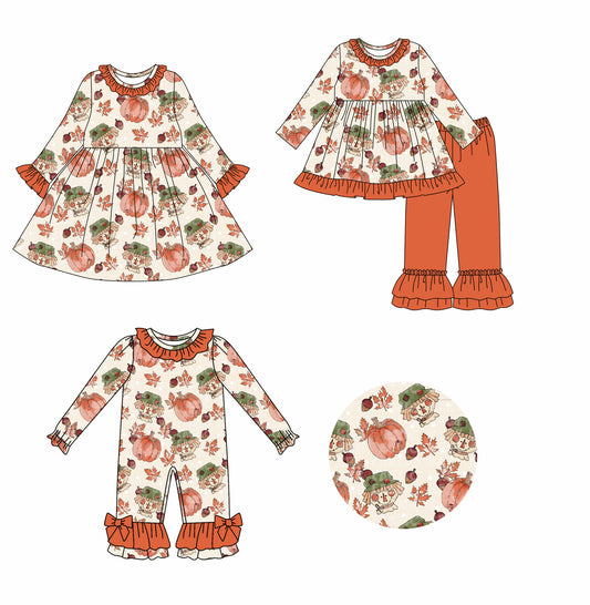 25.7.25 custom each style moq 5eta 4-6week Sibling Sisters pumpkin baby girl long sleeve pants sets and dress and rompers match family design