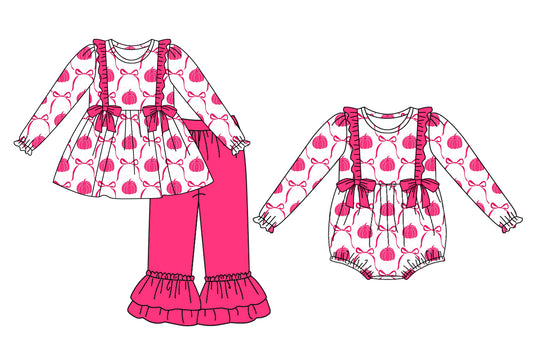25.6.6 custom each style moq 5eta 4-6week Sibling Sisters pumpkin bow rose red baby boy long sleeve pants sets and rompers match family design