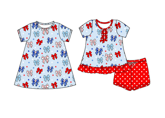 4.7 custom each style moq 5eta 4-6week Sibling Sister bow baby girl short sleeve shorts sets and dresses match design
