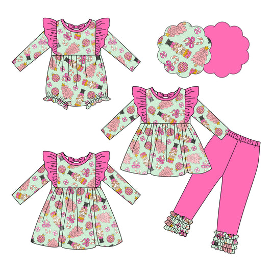25.6.11 custom each style moq 5eta 4-6week Sibling Sisters Christmas bow baby girl long sleeve pants sets and dress and rompers match family design