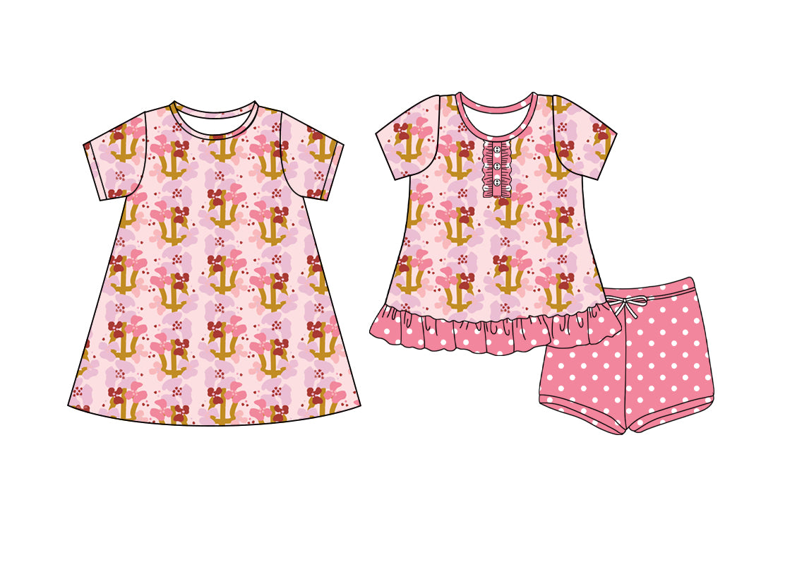 4.25 custom each style moq 5eta 4-6week Sibling Sister floral baby girl short sleeve shorts sets and dresses match design