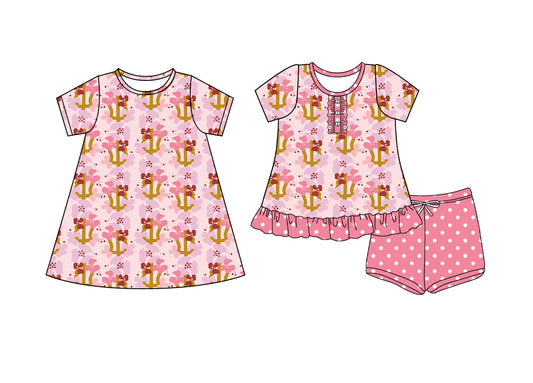 4.25 custom each style moq 5eta 4-6week Sibling Sister floral baby girl short sleeve shorts sets and dresses match design