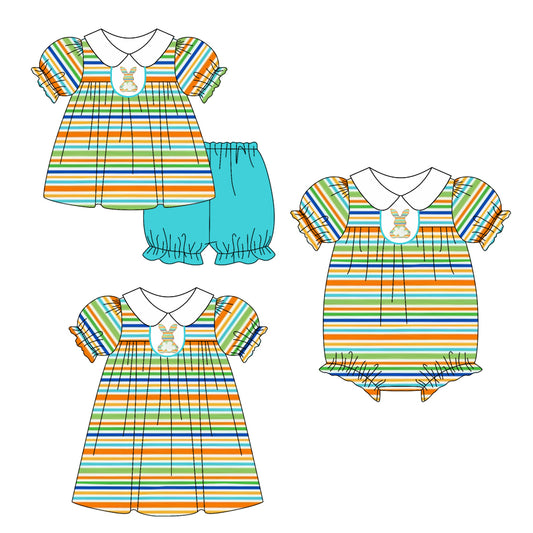 25.11.1 custom each style moq 5 eta 6-8week Sibling Sister bunny baby short sleeve shorts sets and romper and dress match design