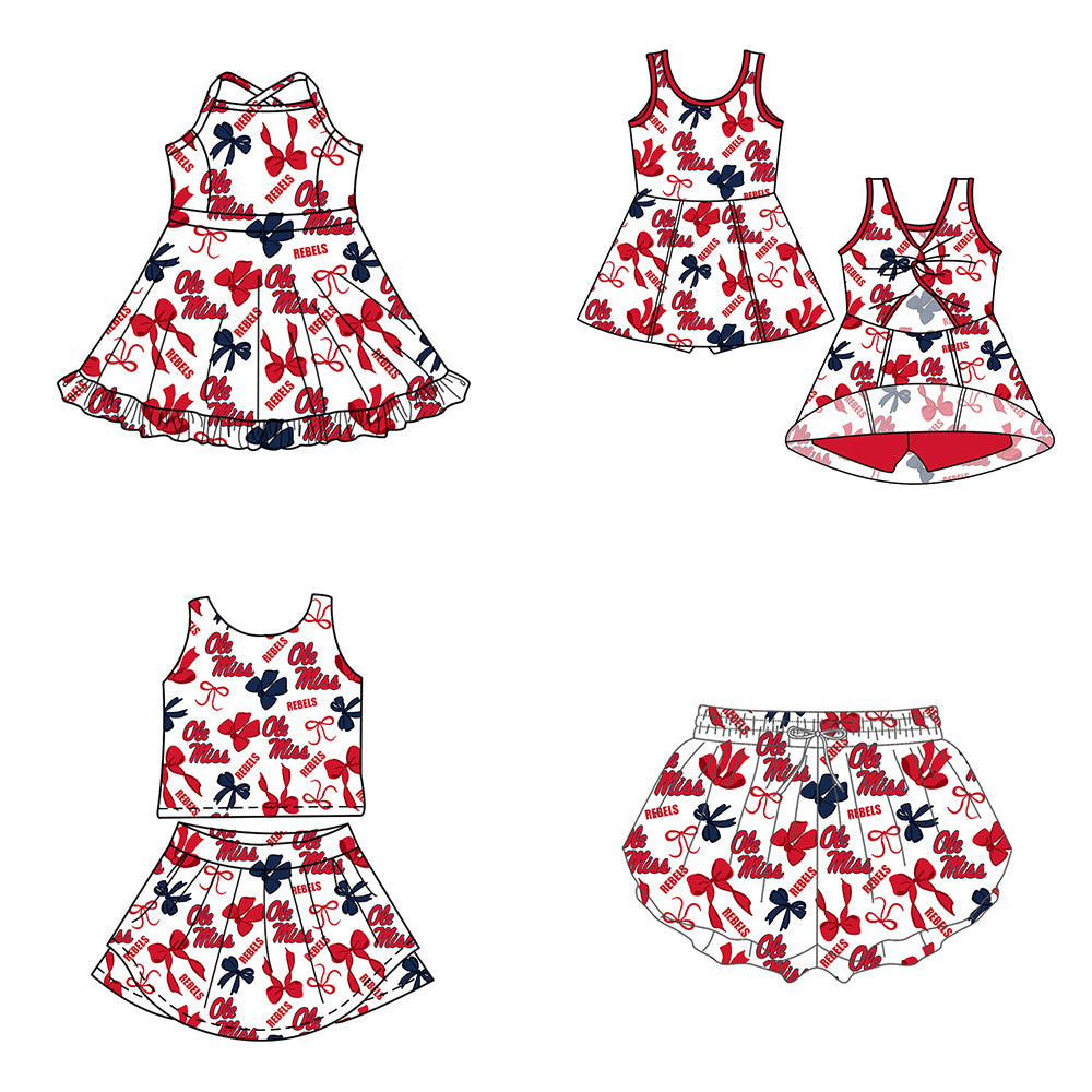 Custom moq 5 mix size milk silk summer teams Navy Blue Red Bow Baby Girls Vest Top Skirt Shorts Sets Sleeveless Yoga Knee Length Dresses Yoga Shorts