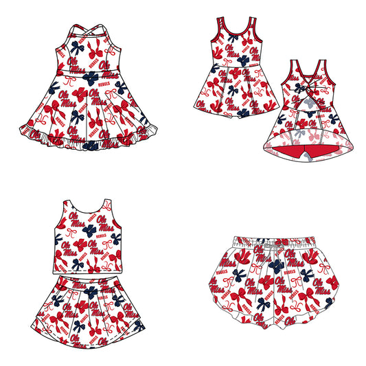 Custom moq 5 mix size milk silk summer teams Navy Blue Red Bow Baby Girls Vest Top Skirt Shorts Sets Sleeveless Yoga Knee Length Dresses Yoga Shorts