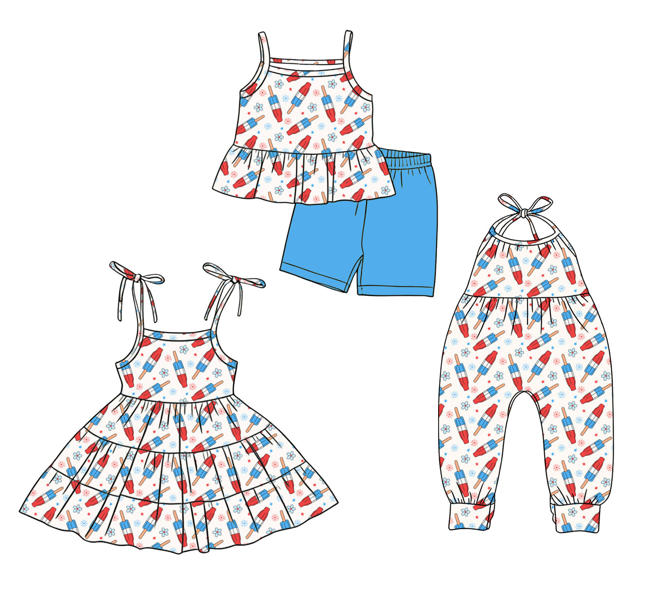 Custom moq 5 mix size Sibling Baby Girl Sleeveless Top And Shorts Set Dress Jumpsuit Comfortable 4th of July Outfit for Summer