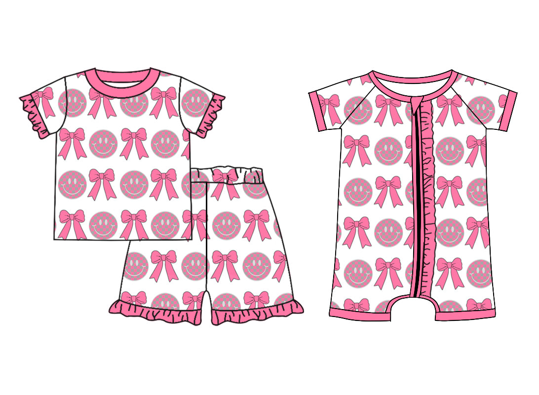 11.20 custom each style moq 5eta 4-6week Sibling Sister bow smiley baby girl short sleeve shorts sets and rompers match design