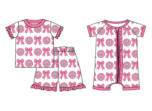 11.20 custom each style moq 5eta 4-6week Sibling Sister bow smiley baby girl short sleeve shorts sets and rompers match design