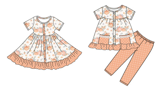 4.26 custom each style moq 5eta 4-6week Sibling Sister pumpkin baby girl pants sets and dress match family design