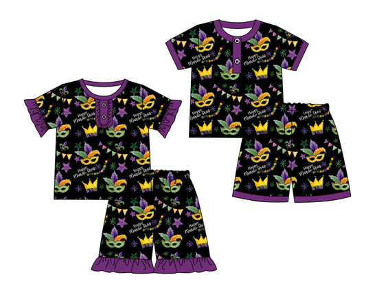 12.20 custom each style moq 5eta 4-6week Sibling Sister mardi gras baby girls short sleeve shorts sets 1 and sets 2 match design