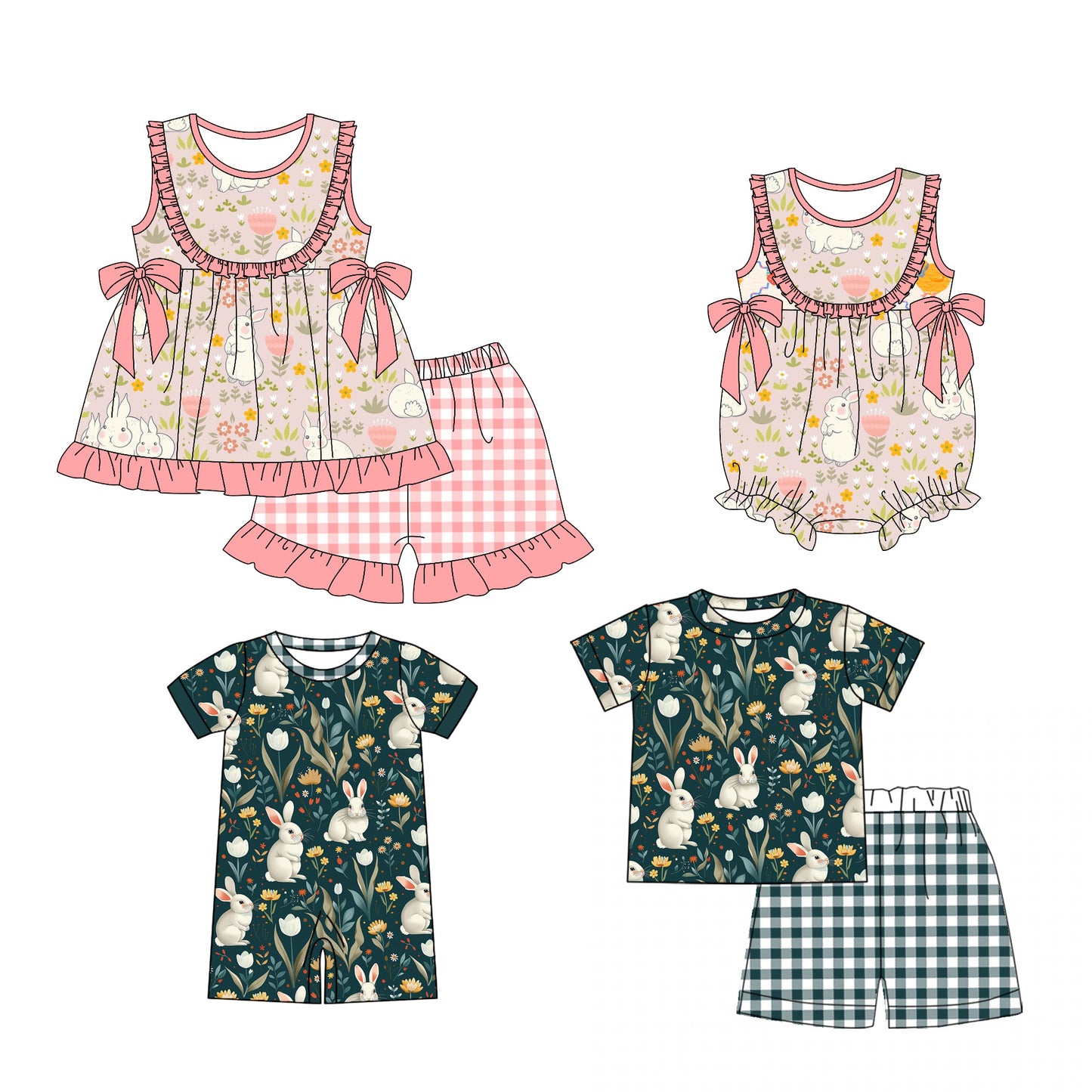 25.12.27 custom each style moq 5 eta 6-8week Sibling Sister bunny baby short sleeve shorts sets 2 and romper 2 match design