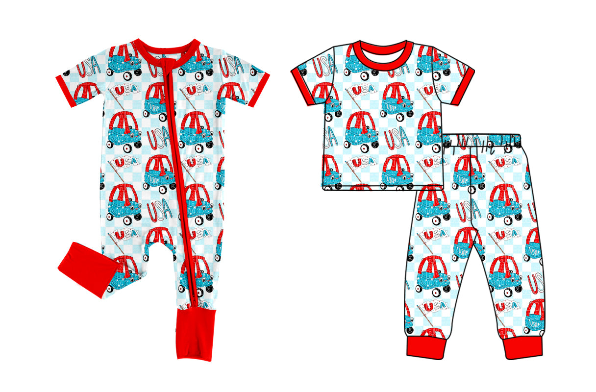 Custom moq 5 mix size Sibling Baby Boy 4th of July Short-Sleeved Pajama Set with Zipper Romper Toddler Outfit